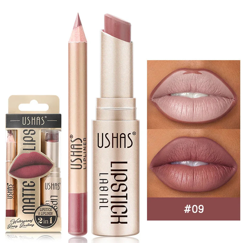 USHAS 12 Color Lip Liner Plus Lipstick Set Long Lasting Matte