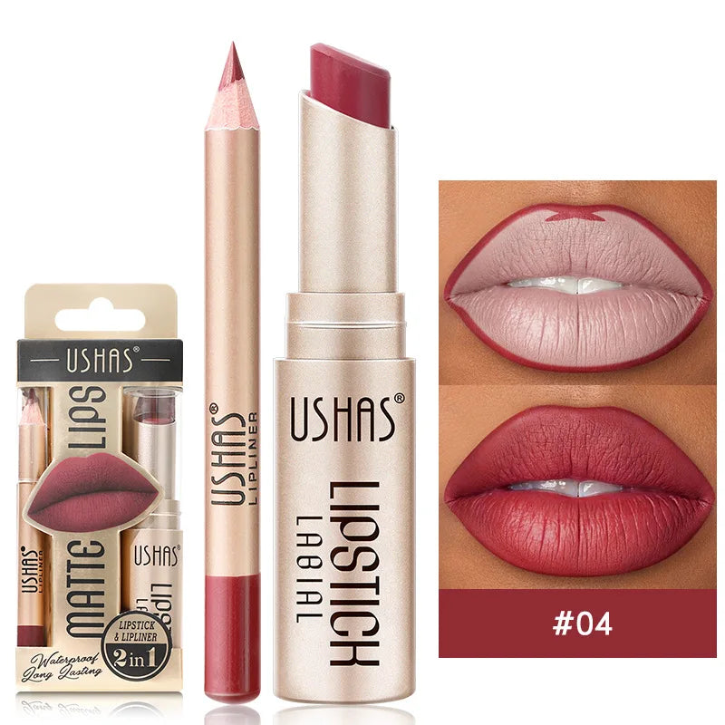 USHAS 12 Color Lip Liner Plus Lipstick Set Long Lasting Matte