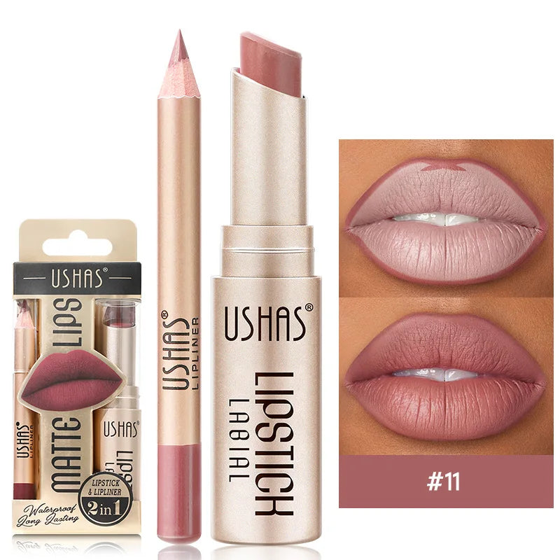 USHAS 12 Color Lip Liner Plus Lipstick Set Long Lasting Matte