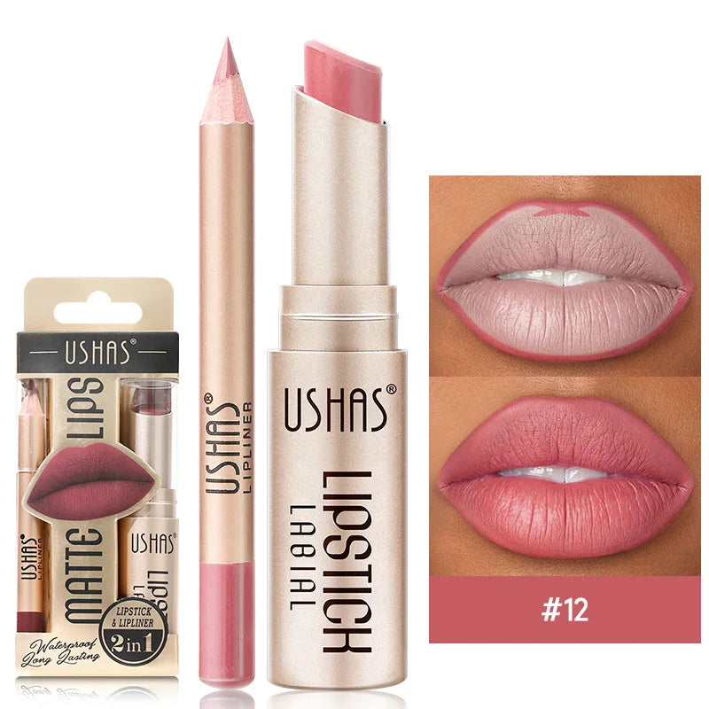 USHAS 12 Color Lip Liner Plus Lipstick Set Long Lasting Matte