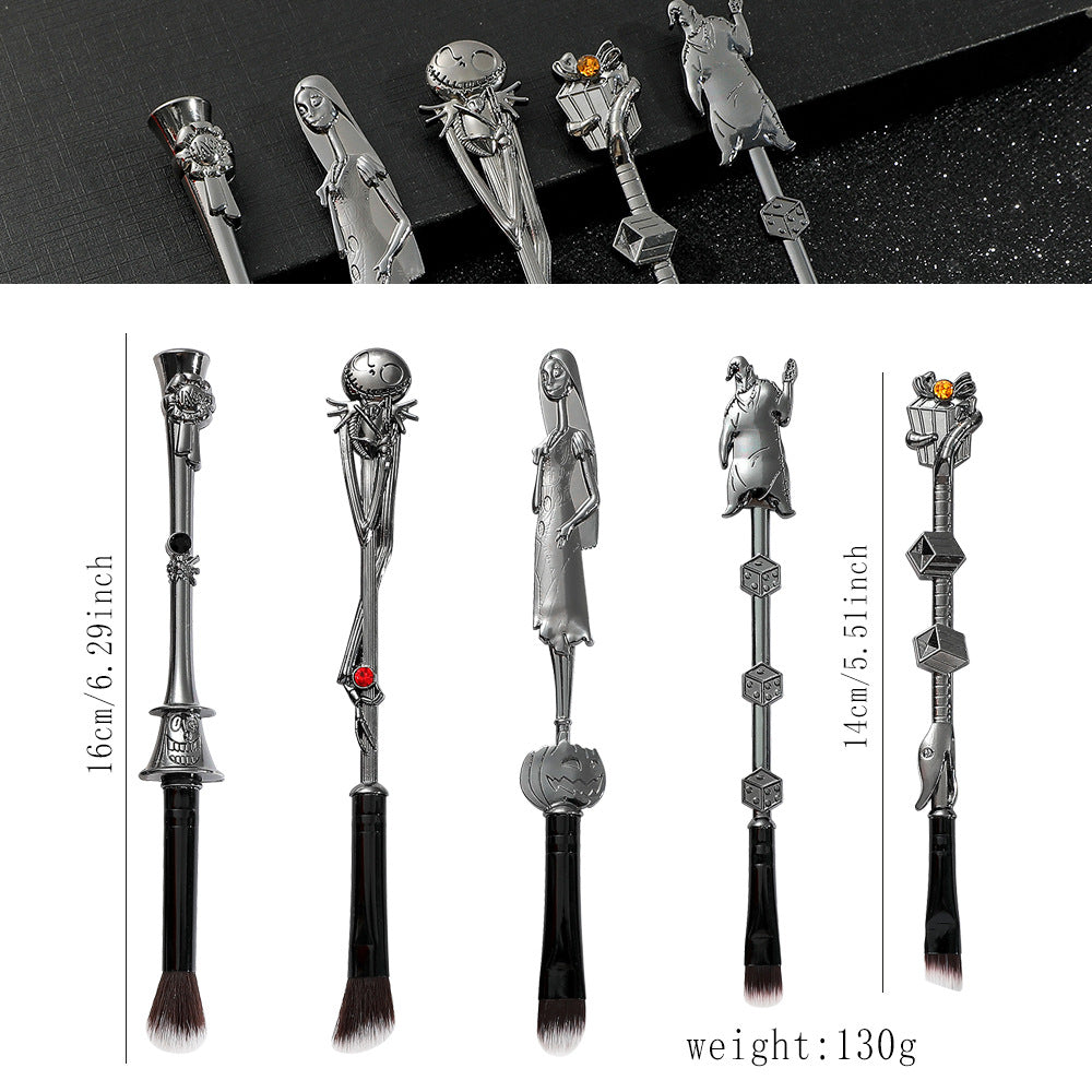 NNEDSZ 5-Piece Gothic Skeleton Jack Makeup Brush Set - Halloween Horror-Themed Metal Eyeshadow Brushes for Creative Festive Gifts
