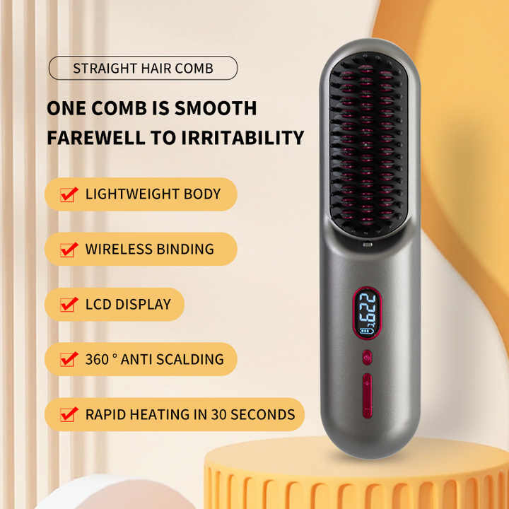 NNEDSZ Gray Rechargeable Portable Ionic Hair Straightening Comb - USB Wireless Travel Hair Style