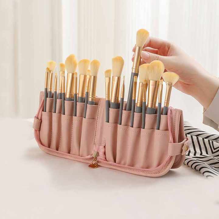 NNEDSZ Pink Portable Shell Makeup Brush Storage Bag - Multi-Functional PU Cosmetic Organizer with Button Closure, Convertible to Stand Design(Make-up brushes are filming props, not included)