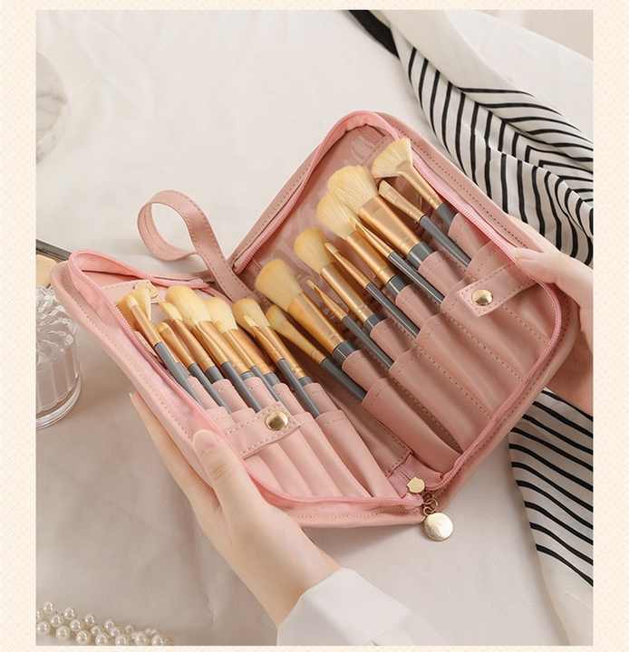 NNEDSZ Pink Portable Shell Makeup Brush Storage Bag - Multi-Functional PU Cosmetic Organizer with Button Closure, Convertible to Stand Design(Make-up brushes are filming props, not included)