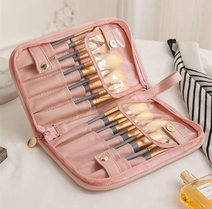 NNEDSZ Pink Portable Shell Makeup Brush Storage Bag - Multi-Functional PU Cosmetic Organizer with Button Closure, Convertible to Stand Design(Make-up brushes are filming props, not included)