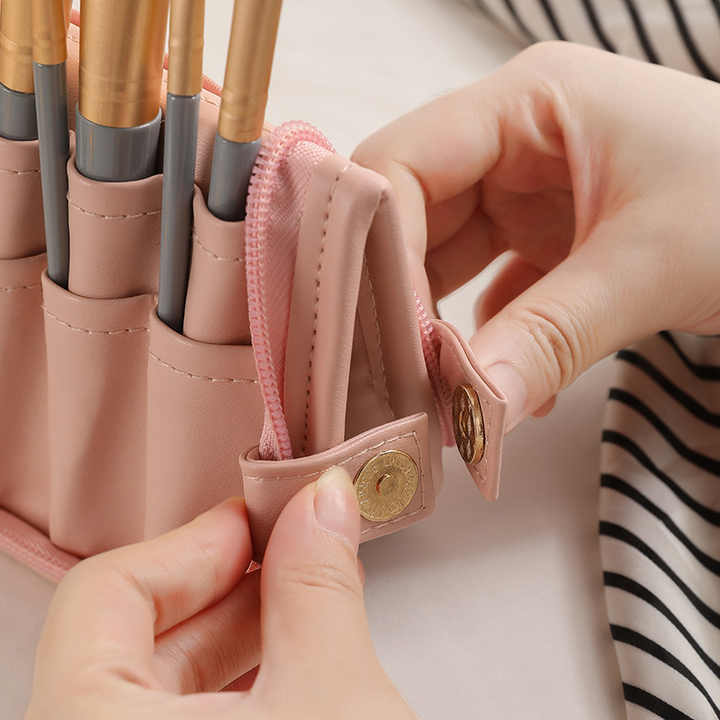 NNEDSZ White Portable Shell Makeup Brush Storage Bag - Multi-Functional PU Cosmetic Organizer with Button Closure, Convertible to Stand Design(Make-up brushes are filming props, not included)