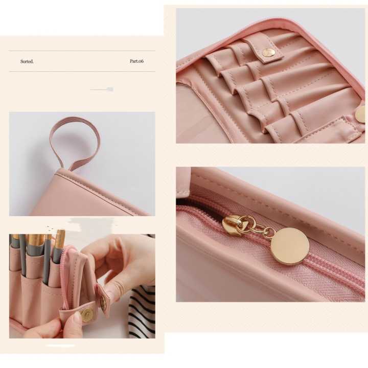 NNEDSZ Black Portable Shell Makeup Brush Storage Bag - Multi-Functional PU Cosmetic Organizer with Button Closure, Convertible to Stand Design(Make-up brushes are filming props, not included)