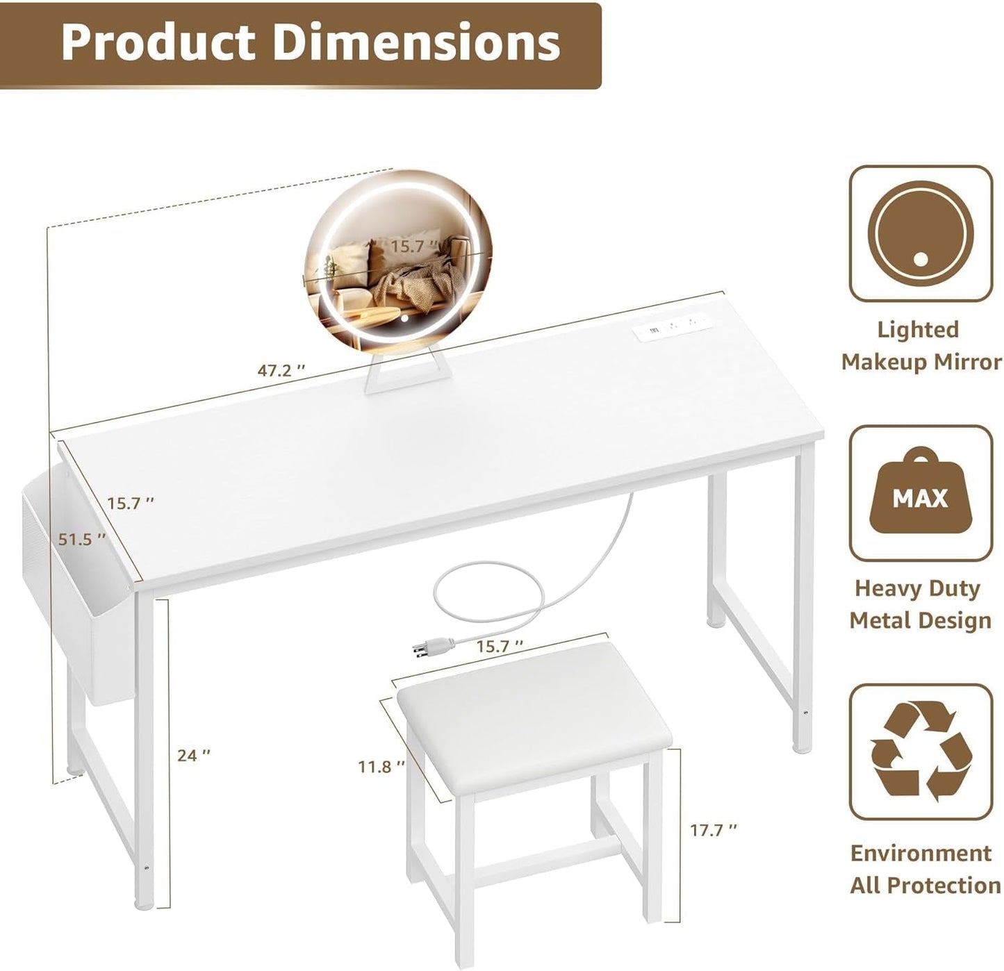 47 Inch White Vanity Desk With Power Outlet Lighted Mirror