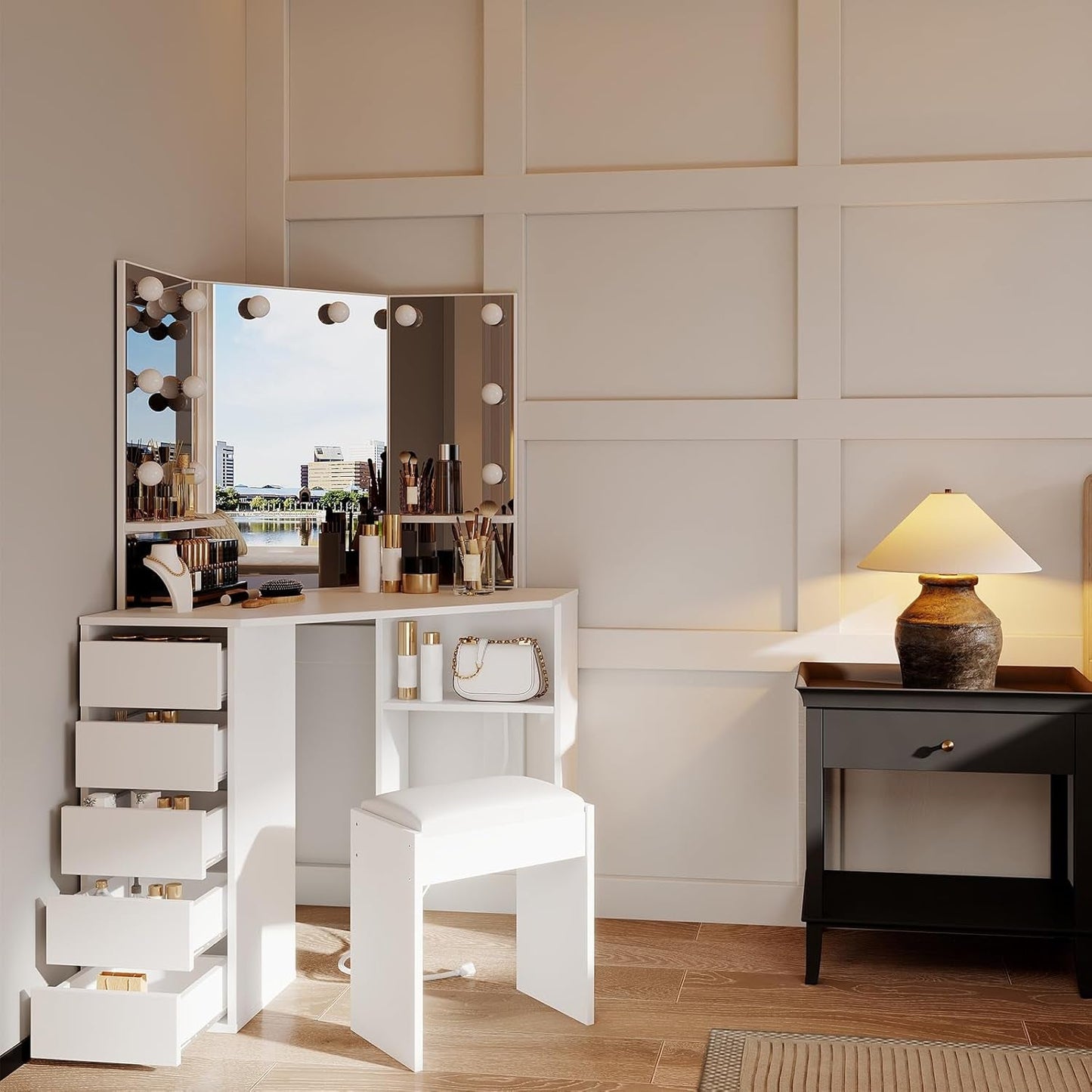 White Corner Vanity Desk With Illumination Modules