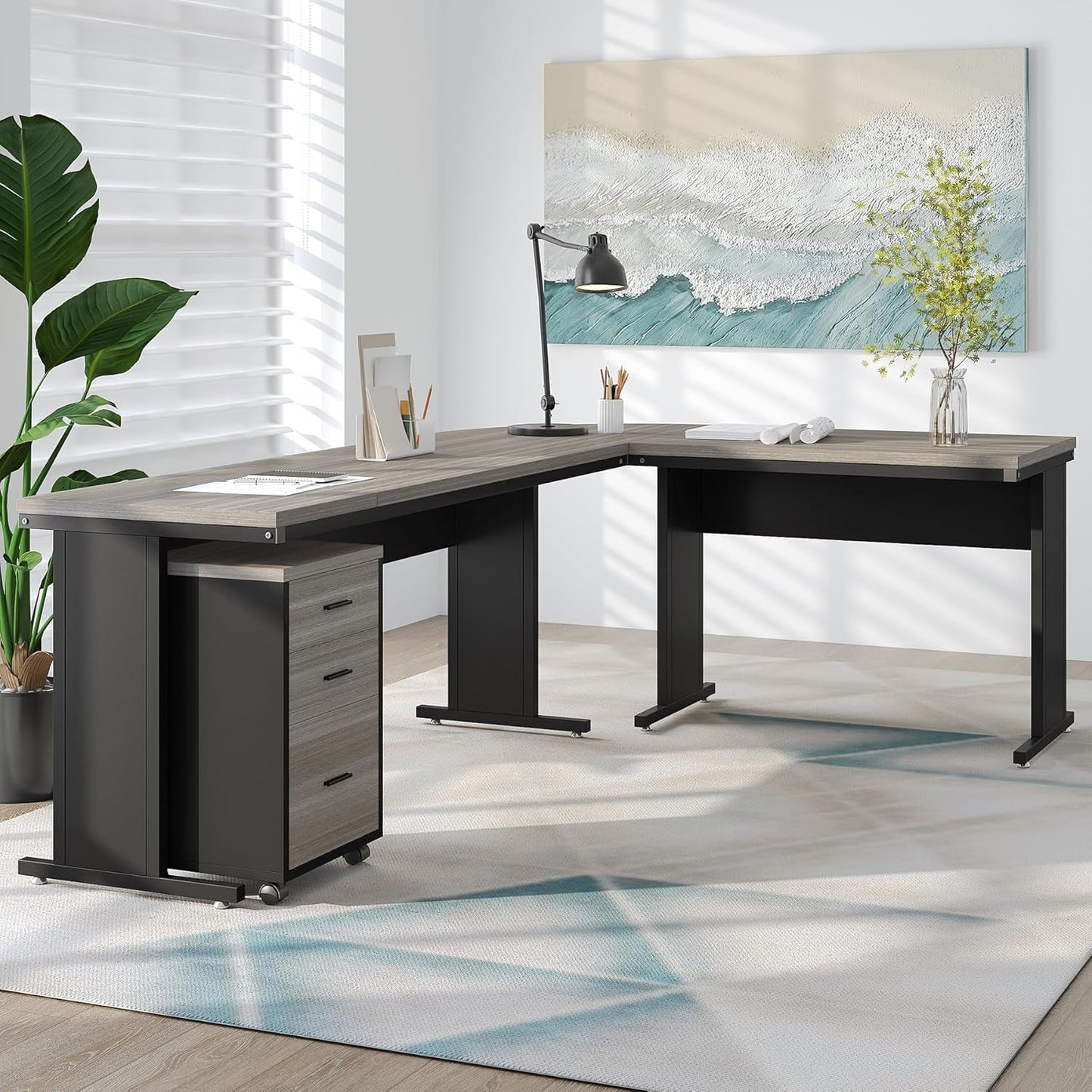 83 Inch L Shaped Office Desk Gray Executive Desk Large