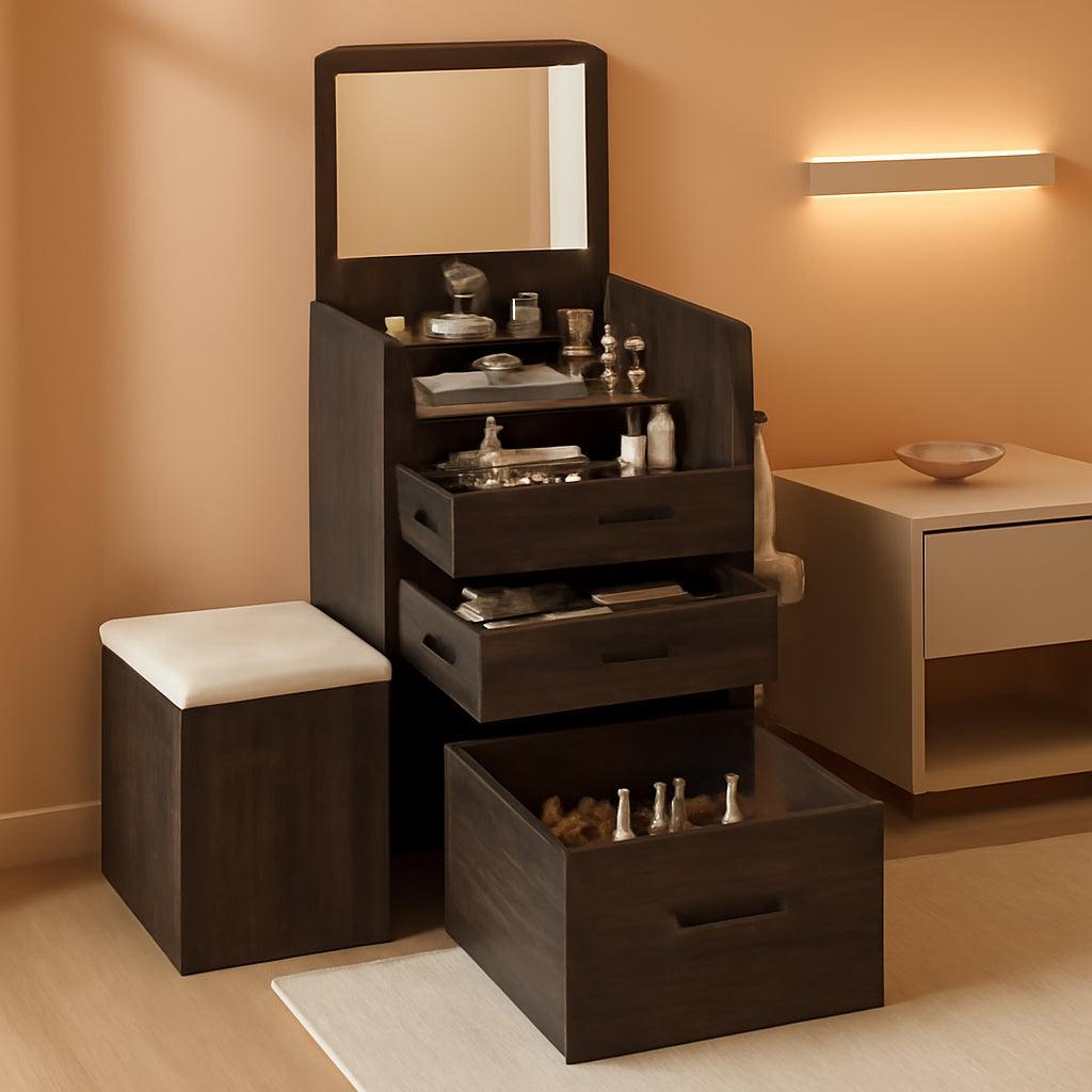 Compact Three In One Vanity Desk Mirror Dark Oak Finish
