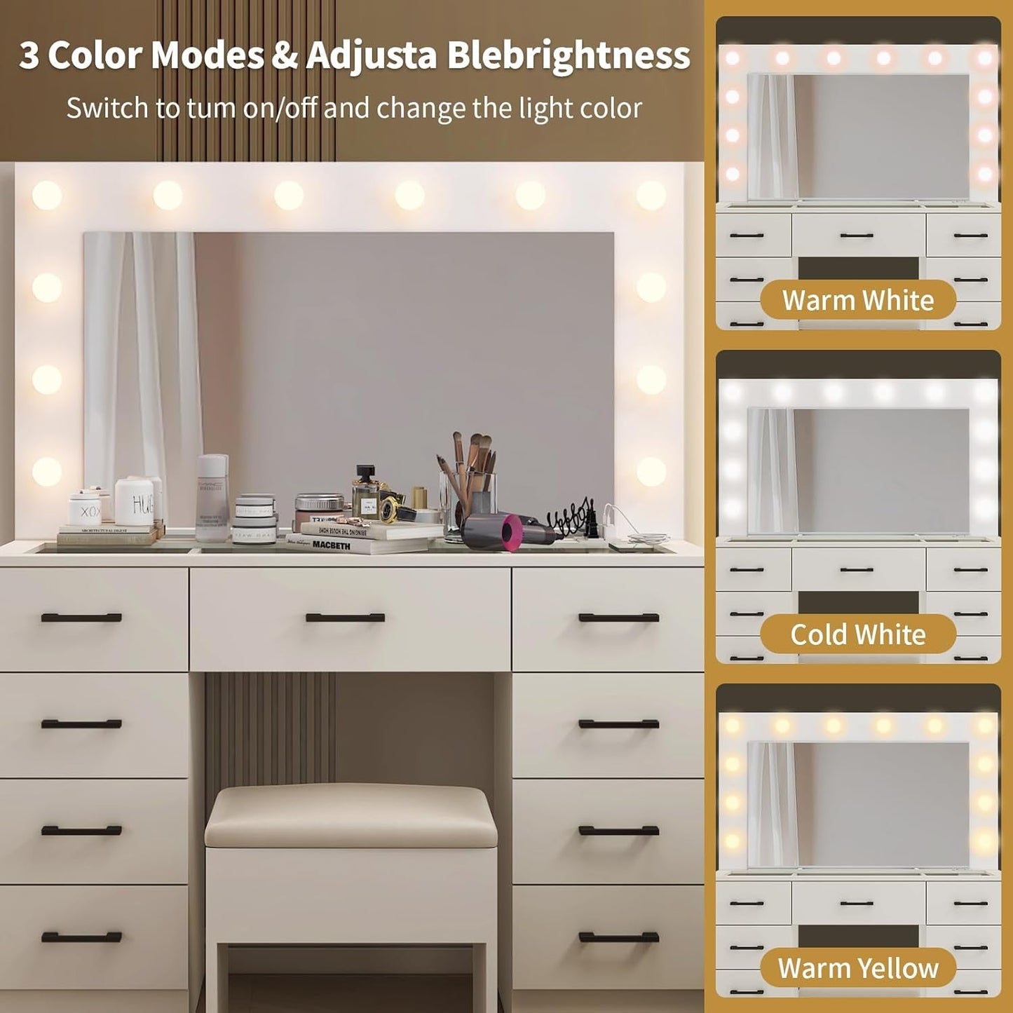 45.3 Vanity Desk With Glass Table top Illuminated White