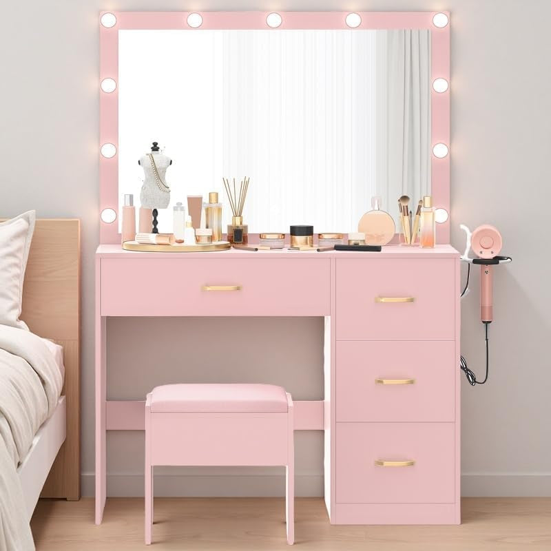 Pale Pink Vanity Desk With Ultra luminescent Mirror