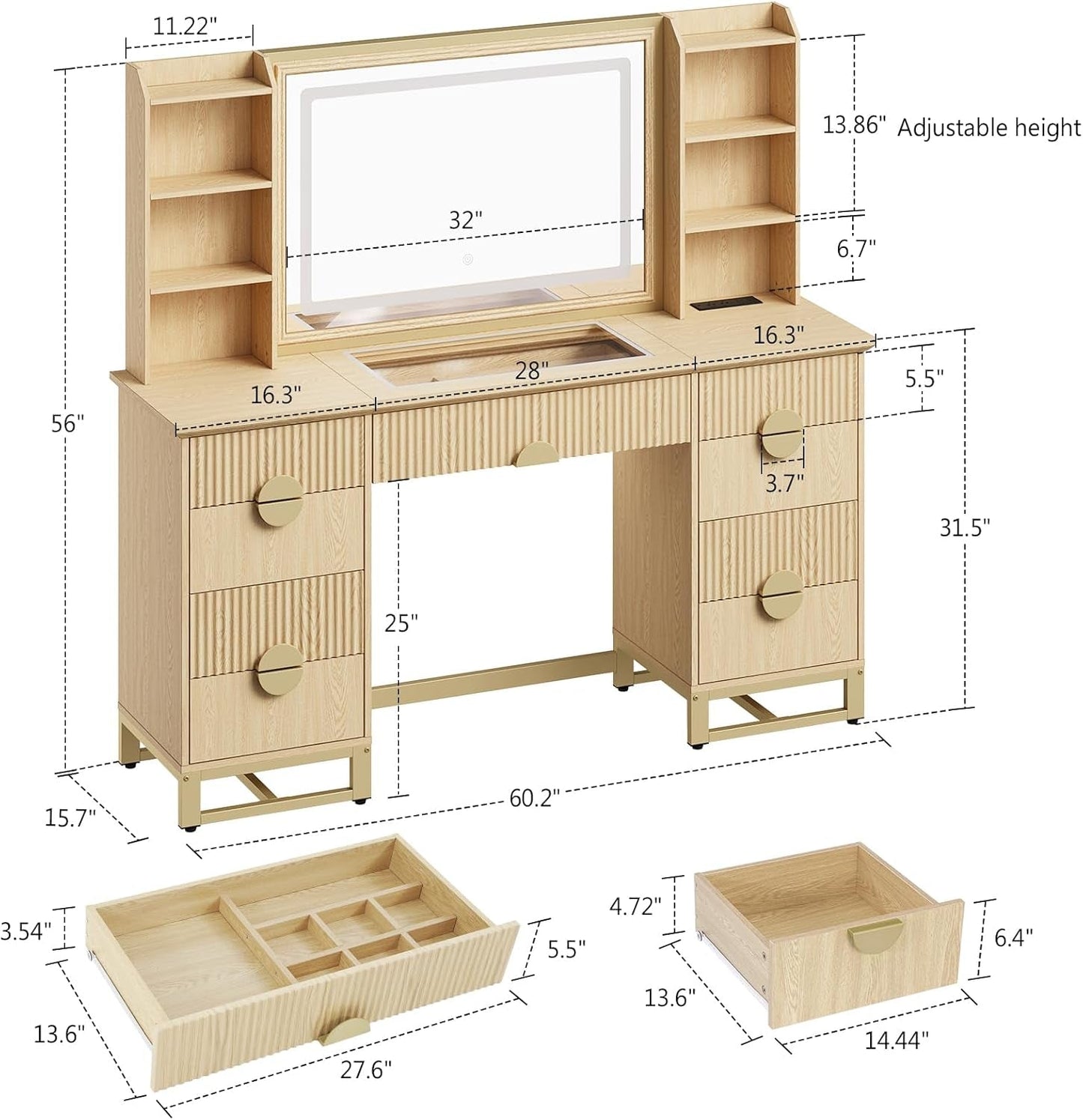 Oak Fluted Vanity Desk 60 Inch Tempered Glass Table top