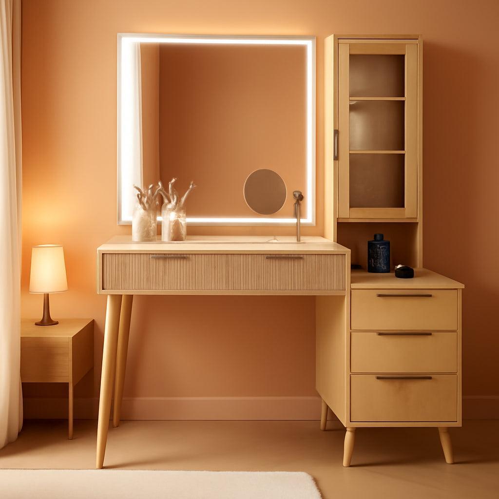 Light Oak 45 Inch Vanity Desk Including Mirror And Lights