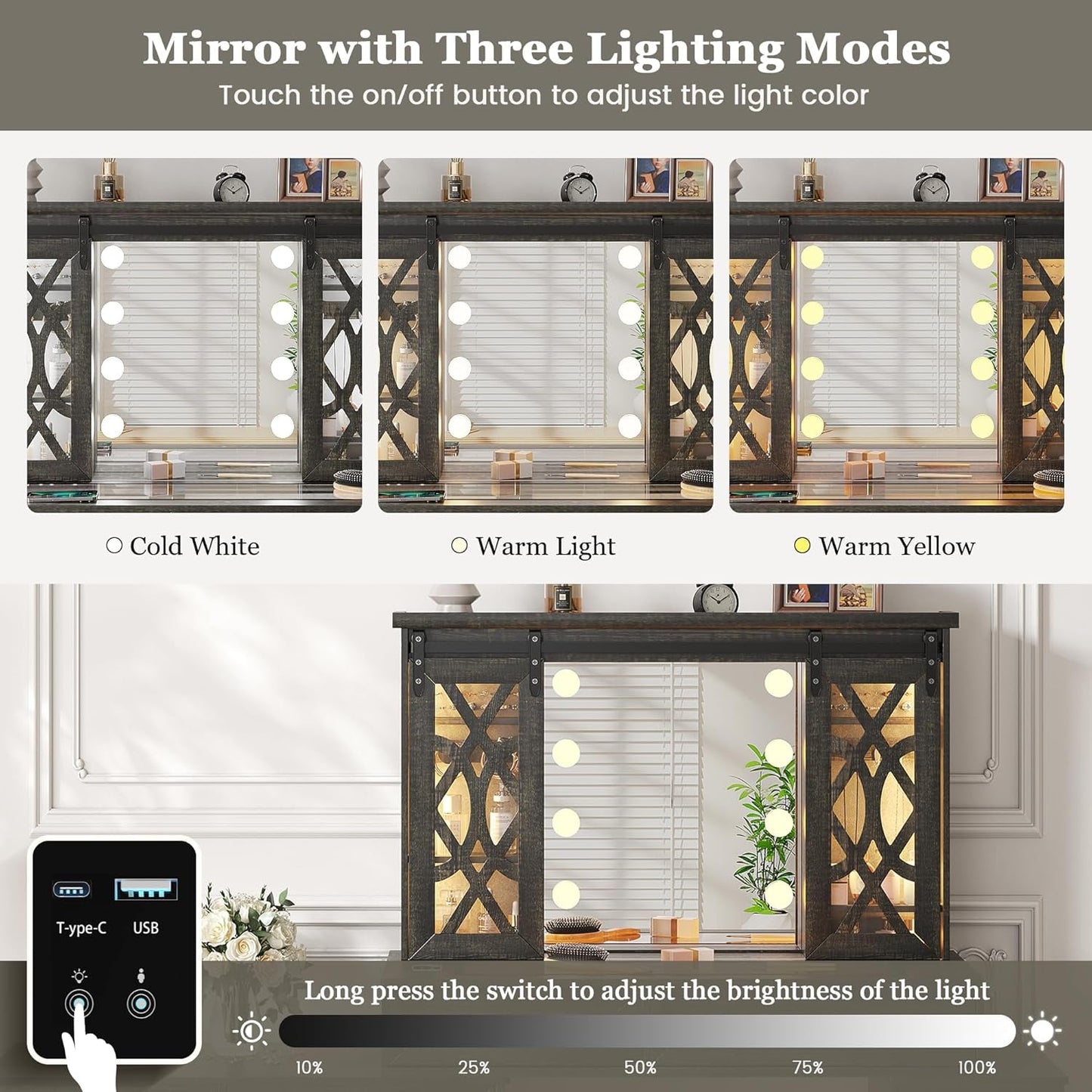 Brown Makeup Vanity With Illuminated Mirror Armoire