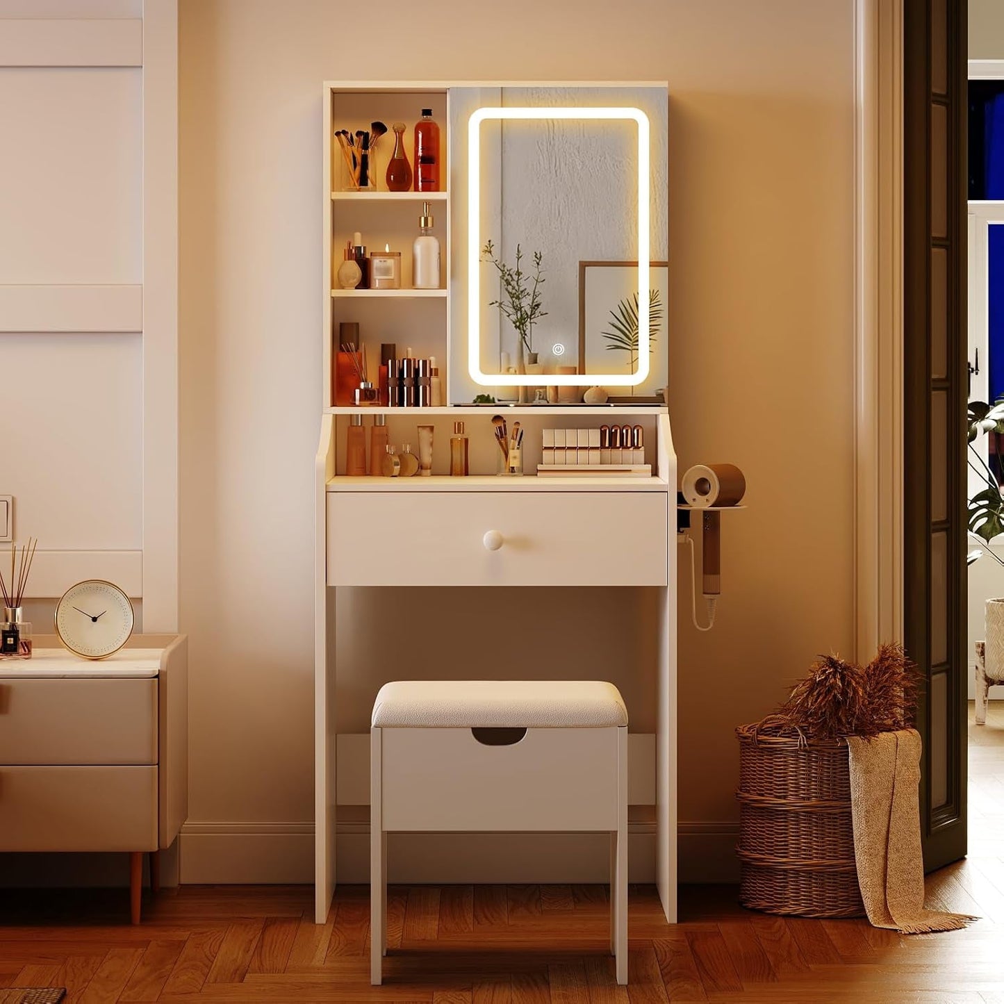 24.4-Inch White Vanity Desk With Mirror, Lights, USB