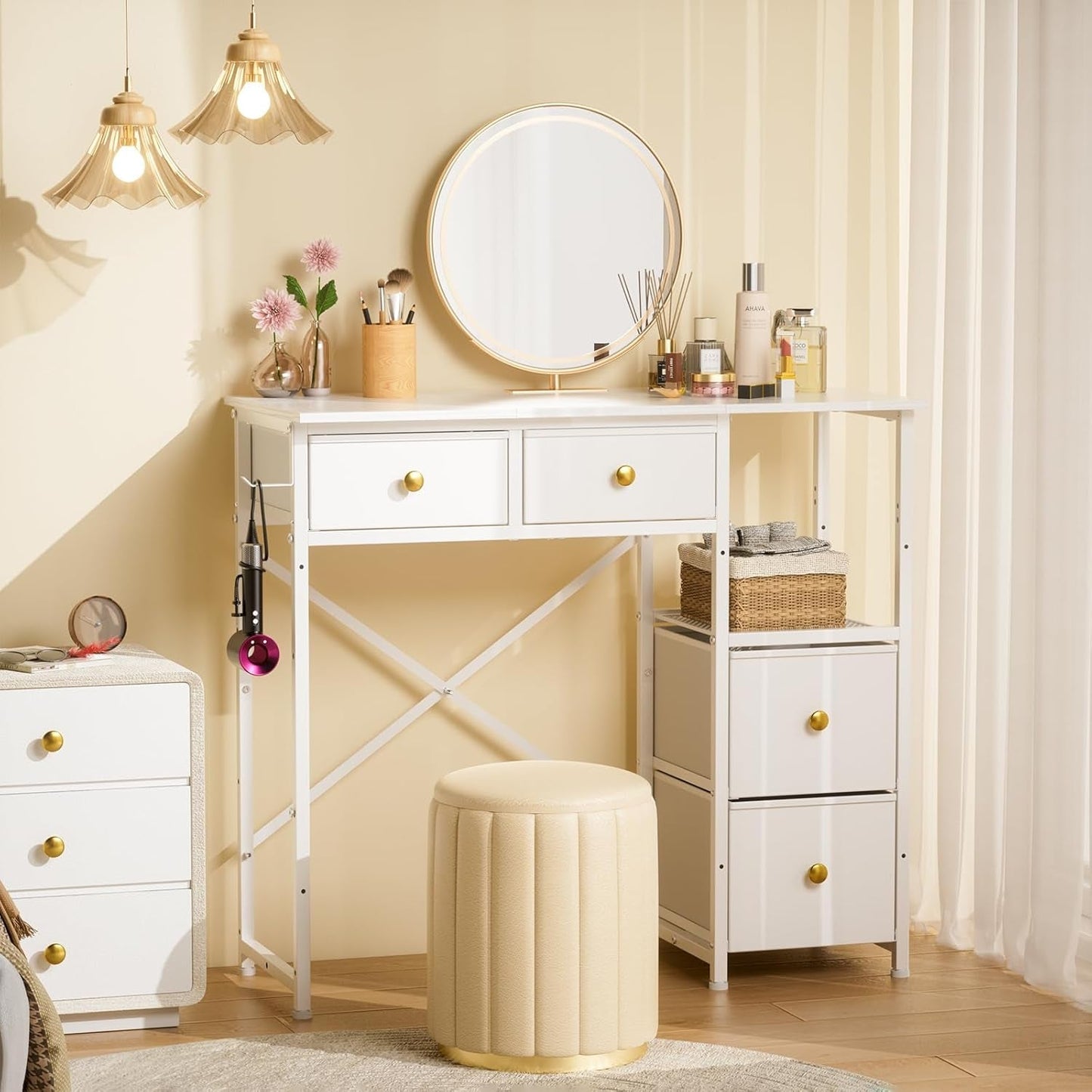 White Vanity Desk With Premium Fabric Drawers Storage