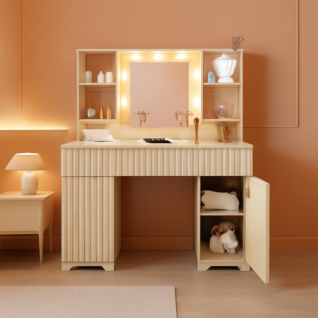 Fluted Wood Vanity Desk 48 Inch Tempered Glass Mirror
