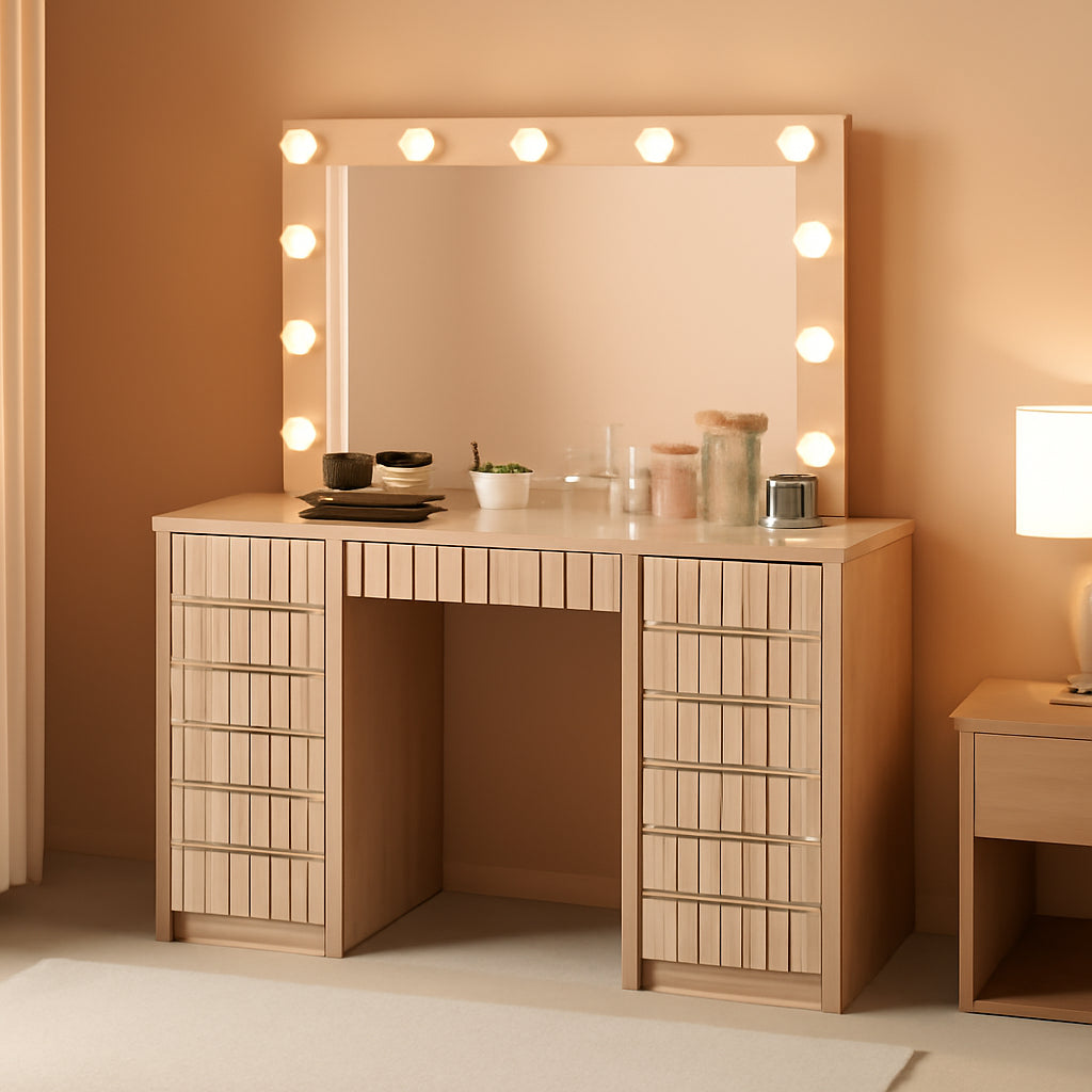 Fluted Makeup Vanity Desk Glass Top Fifteen Drawers LED Natural