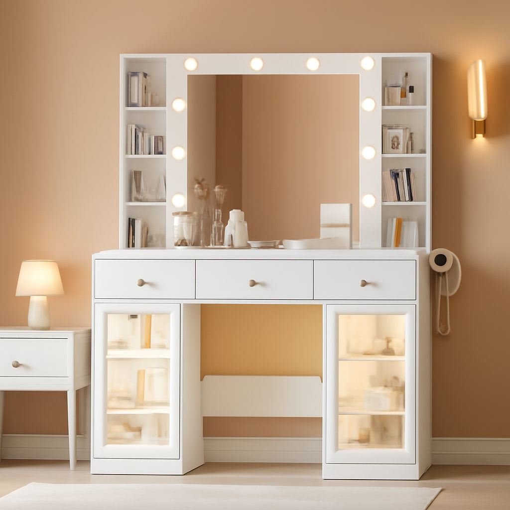 White LED Lighted Makeup Vanity Desk with Drawers