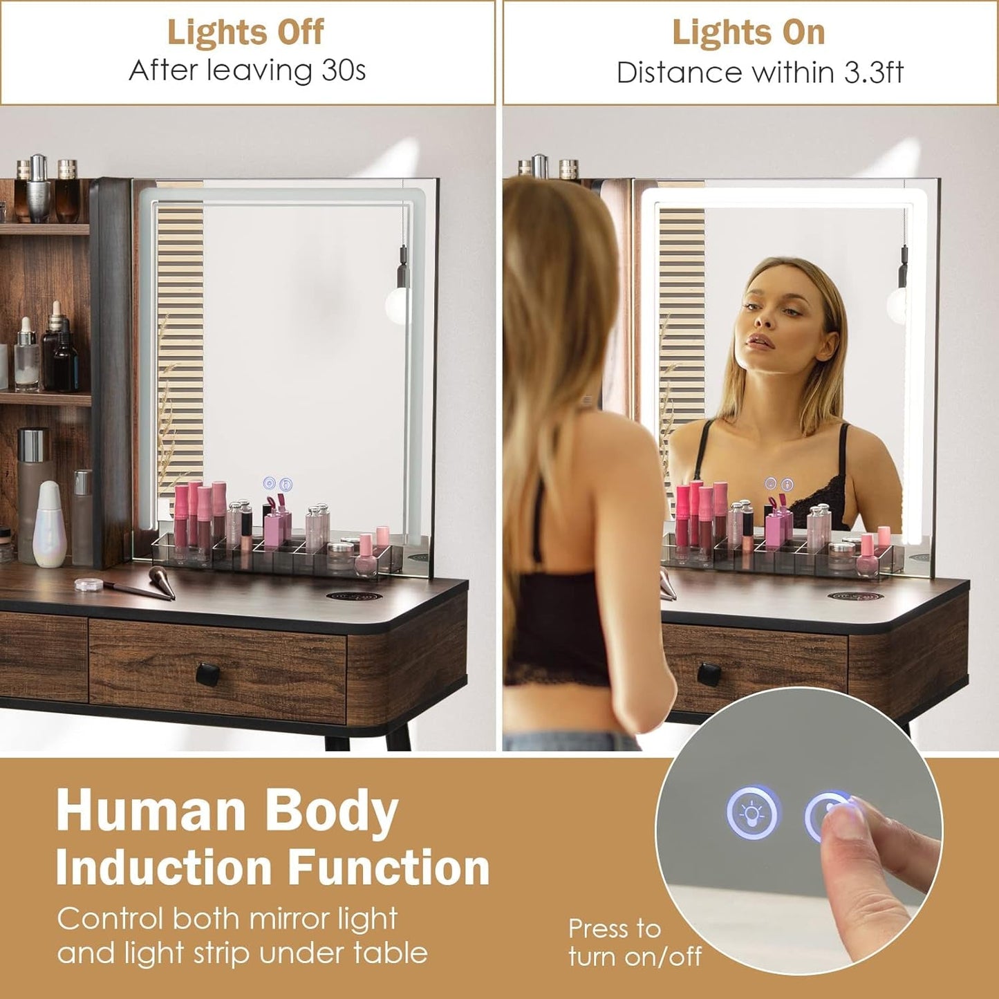 Makeup Vanity Table Featuring Large Illuminated Mirror