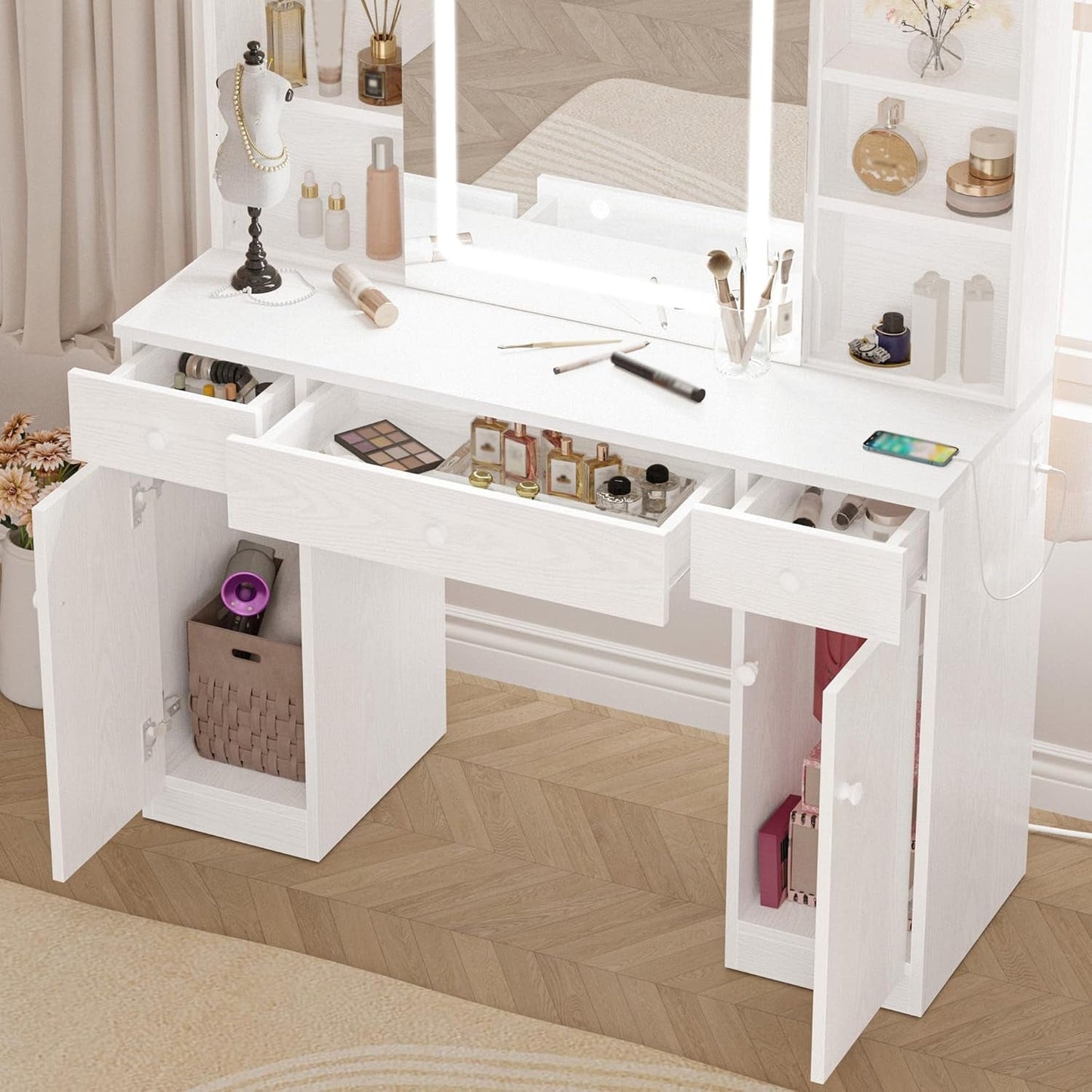 Industrial White Vanity Desk With Illuminated Mirror