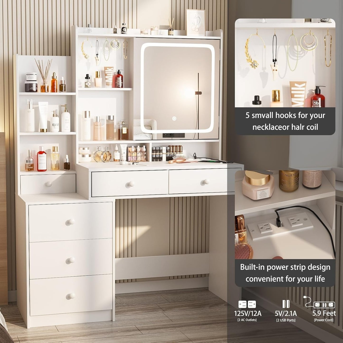 White Makeup Vanity Desk With Power Outlet Led Mirror