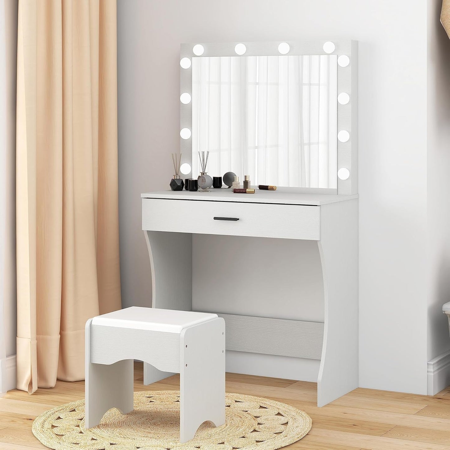 White Vanity Desk With Ultra Bright LED Mirror Storage