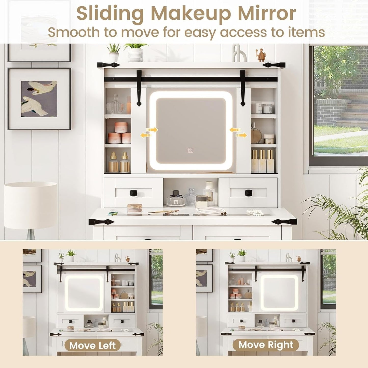 White Vanity Desk With Sliding Mirror Illumination
