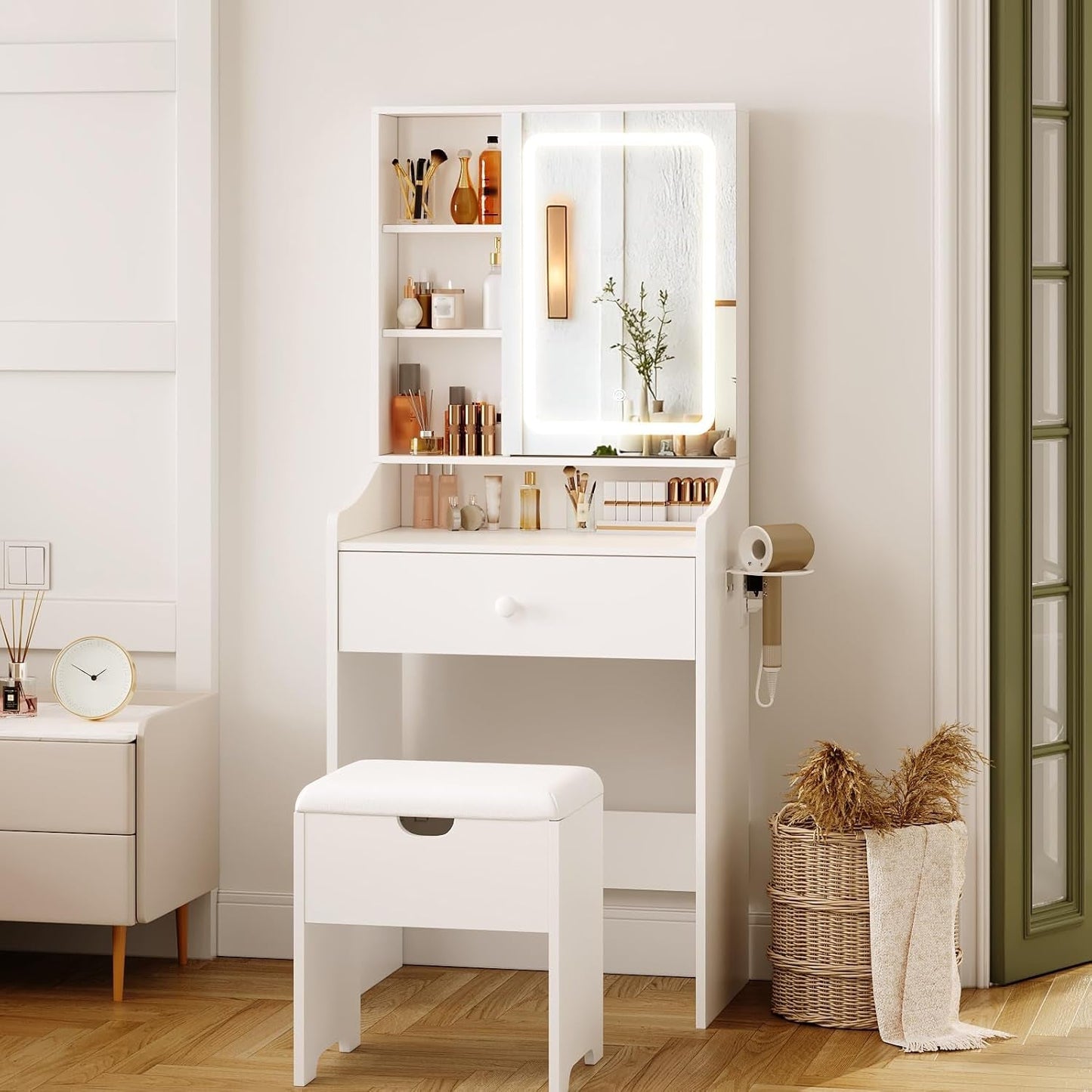 24.4-Inch White Vanity Desk With Mirror, Lights, USB