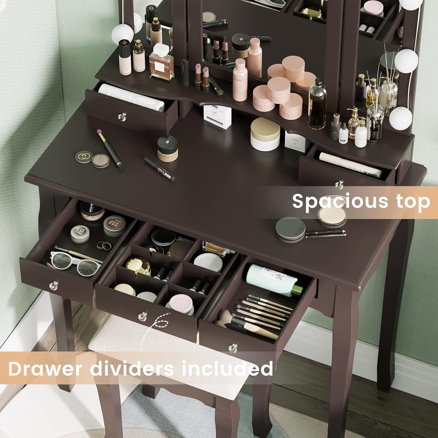 Espresso Vanity Desk With Adjustable Lighting Mirror
