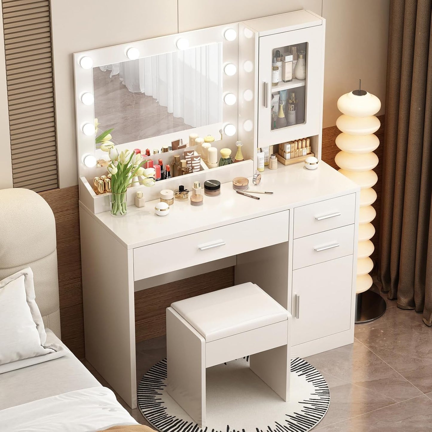 Premium Pearl White Vanity Desk With LED Lighting Options