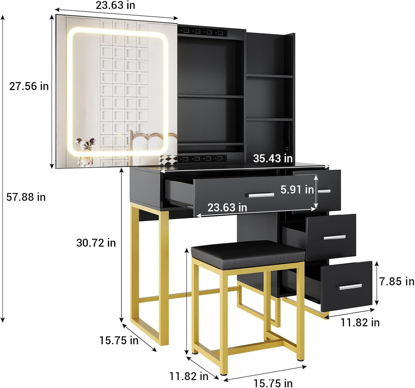 Black Makeup Vanity Desk With Adjustable Illumination