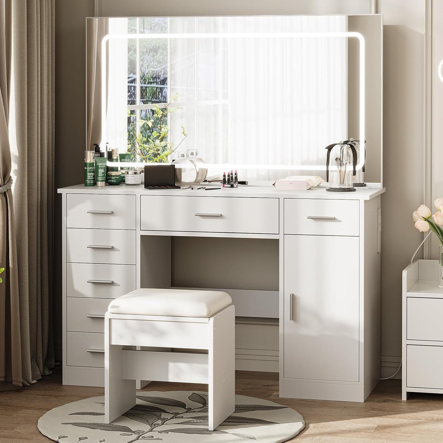 White Vanity Desk With Premium Quality Illuminated Mirror