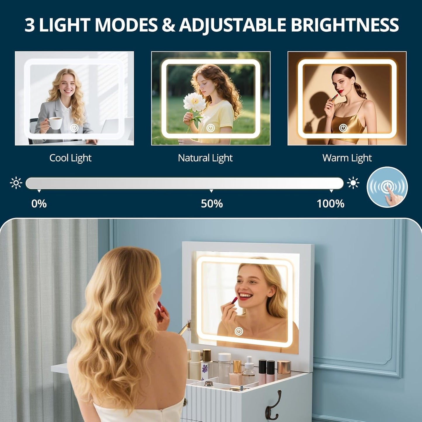 White Compact Vanity With Flip Mirror Illumination