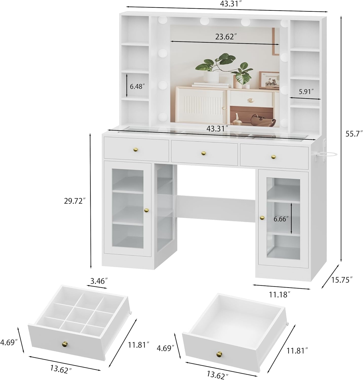 White Glass Vanity Desk With Multi functional Lighting