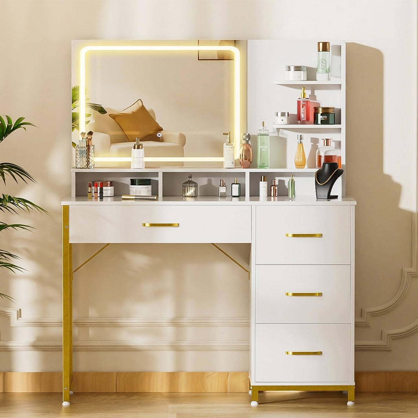 Pearl White Vanity Desk With Customizable Lighting