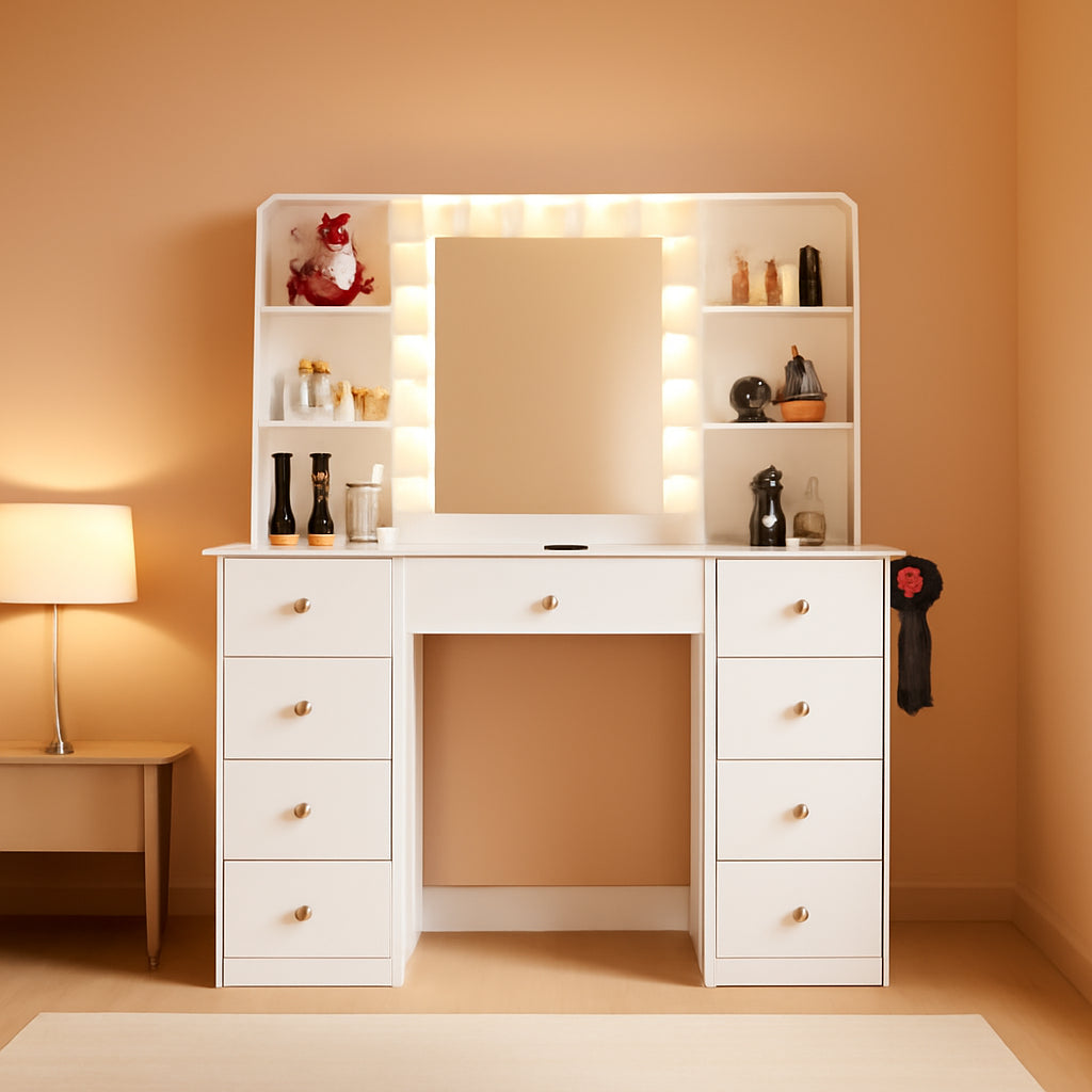 White Rhinestone Vanity Desk With Illuminated Mirror