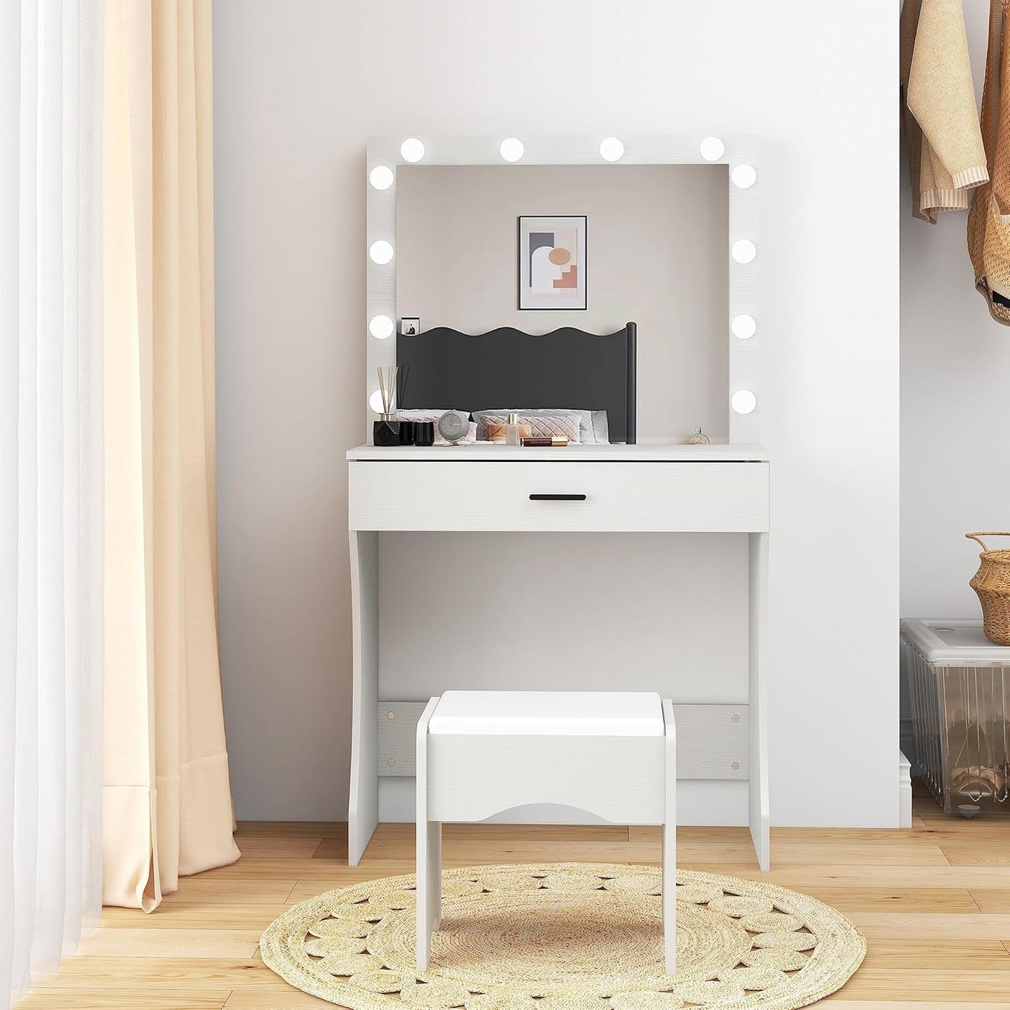 White Vanity Desk With Ultra Bright LED Mirror Storage