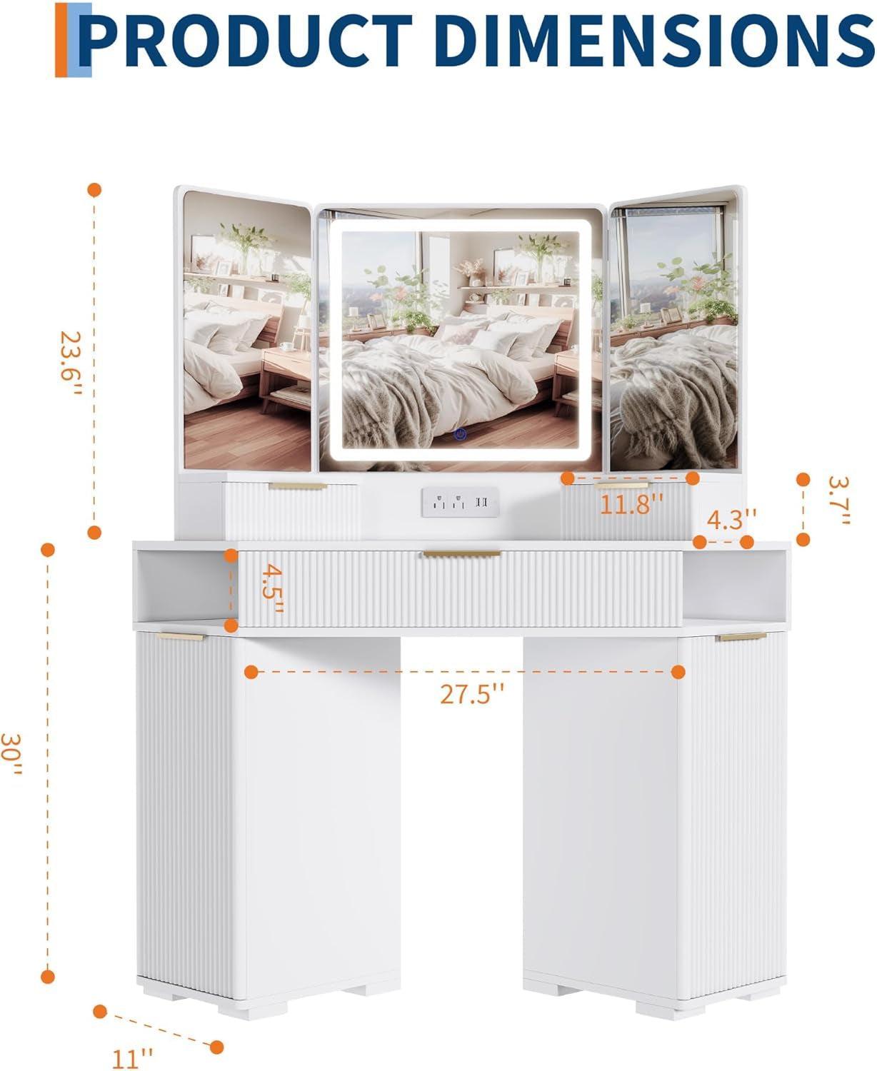 White Cornerpiece Vanity Desk With Illuminated Mirror