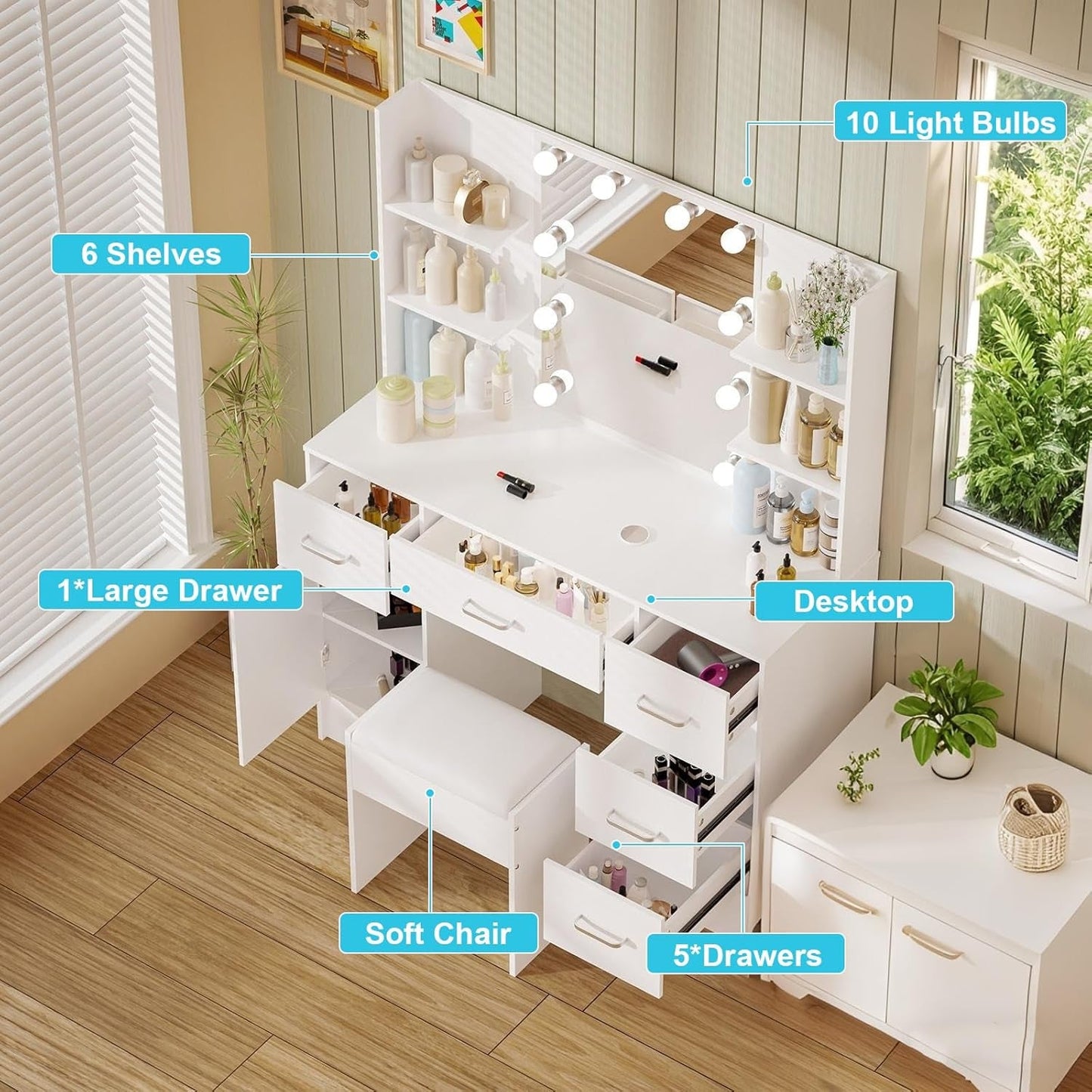 White Makeover Vanity Desk With Illuminated Mirror