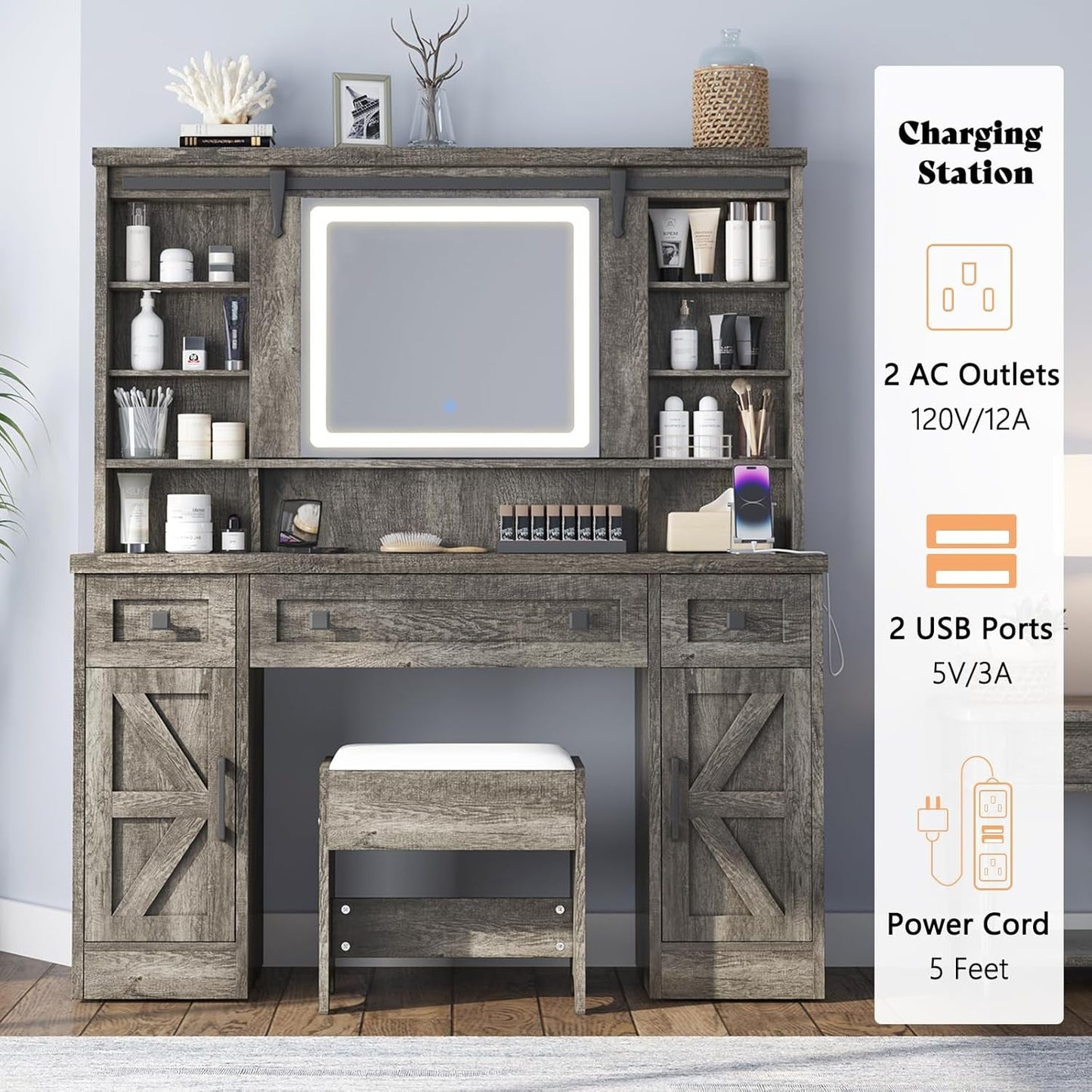 47.2 Inches Farmhouse Vanity Desk With Illumination
