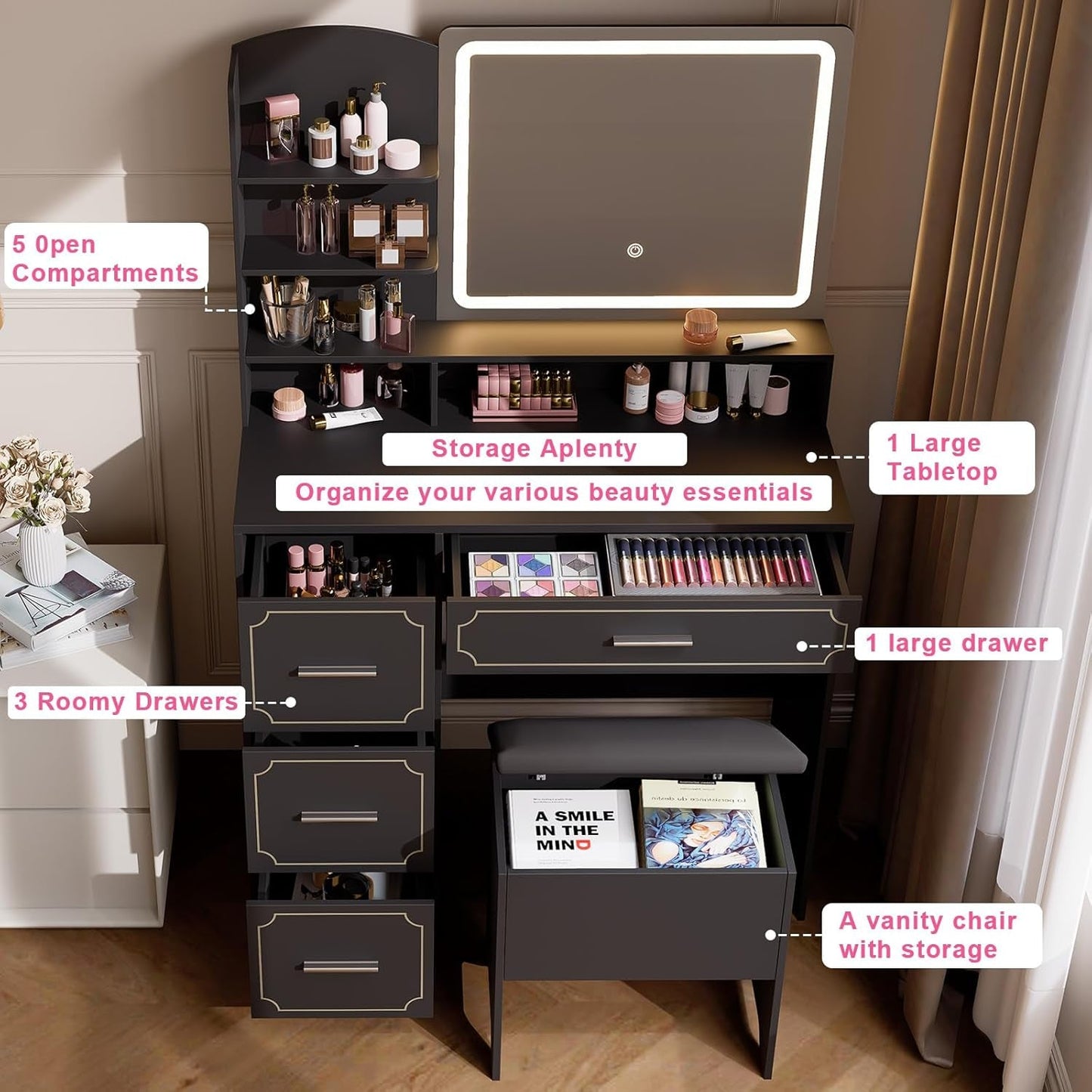 Black Vanity Table With Illuminated Mirror Outlets