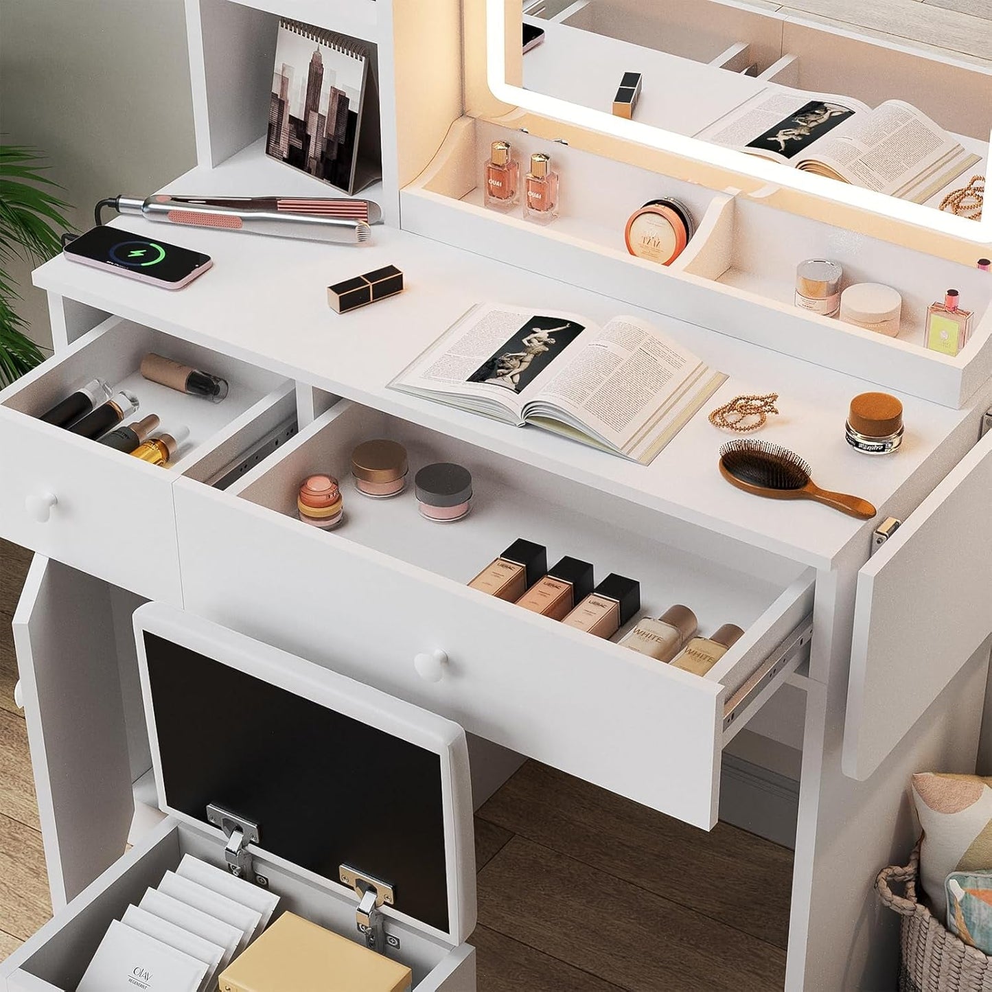 White Vanity Desk With Integrated Illumination Mirror
