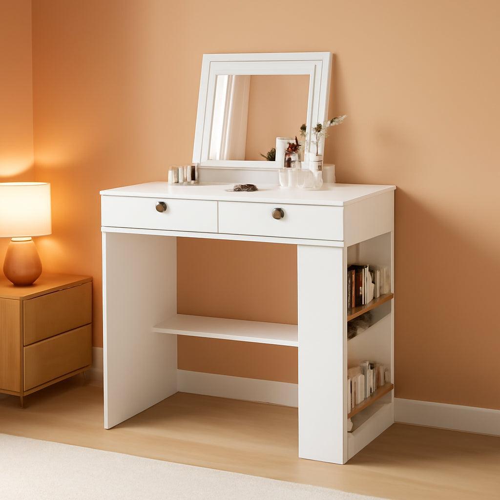 White Vanity Desk Mirror Illuminated Adjustable Storage Compartment