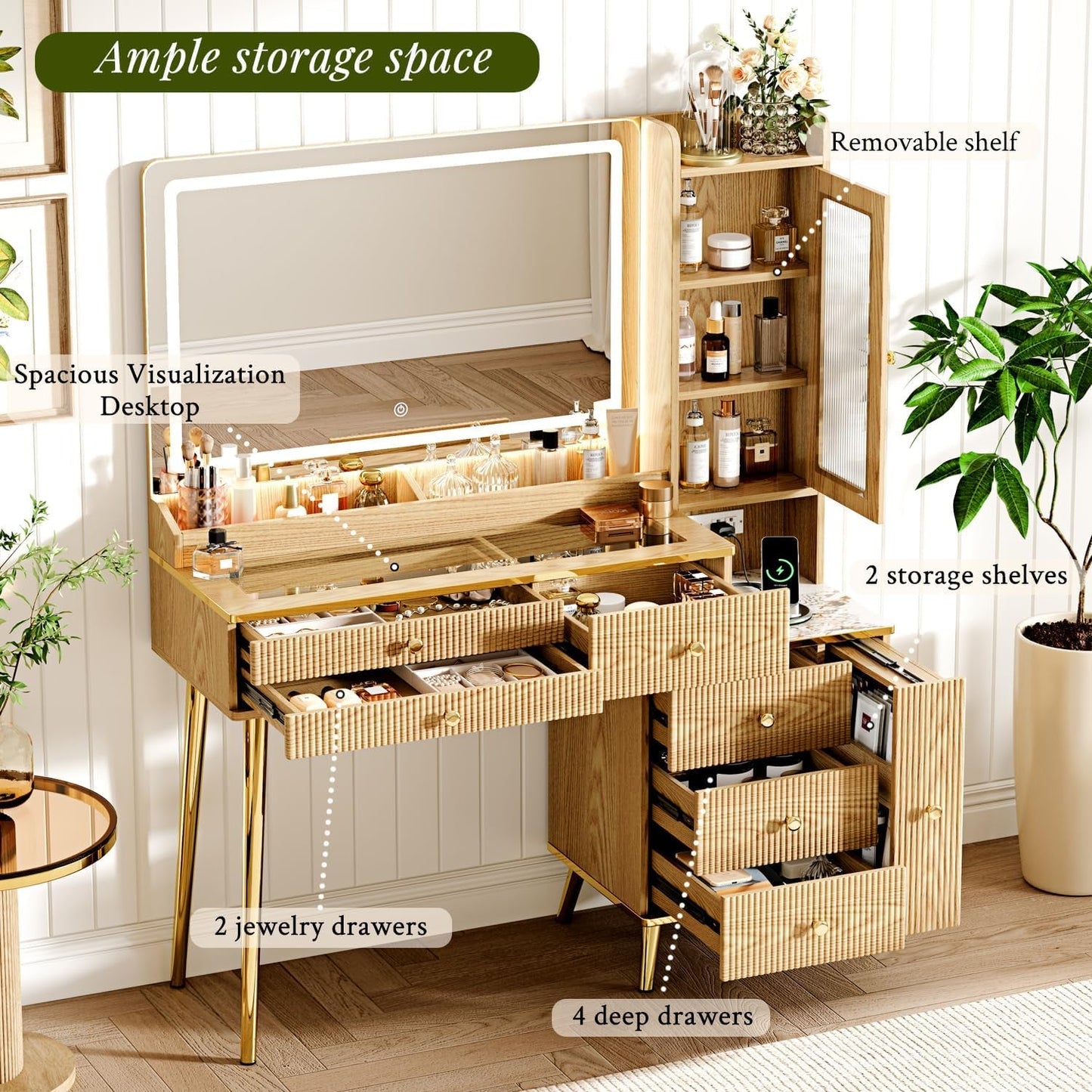 Oak Vanity Desk With Forty Six Inch Illuminated Mirror