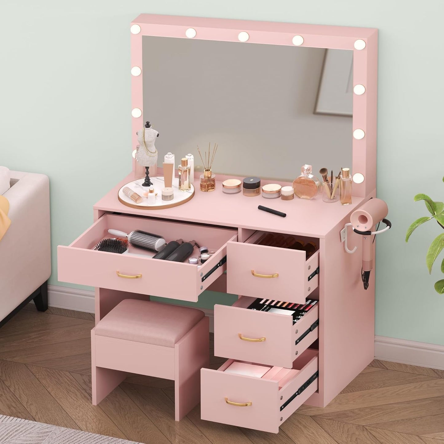 Pale Pink Vanity Desk With Ultra luminescent Mirror