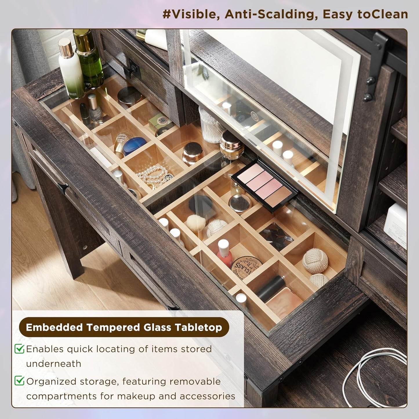 48-Inch Farmhouse Style Vanity Desk With LED Mirror