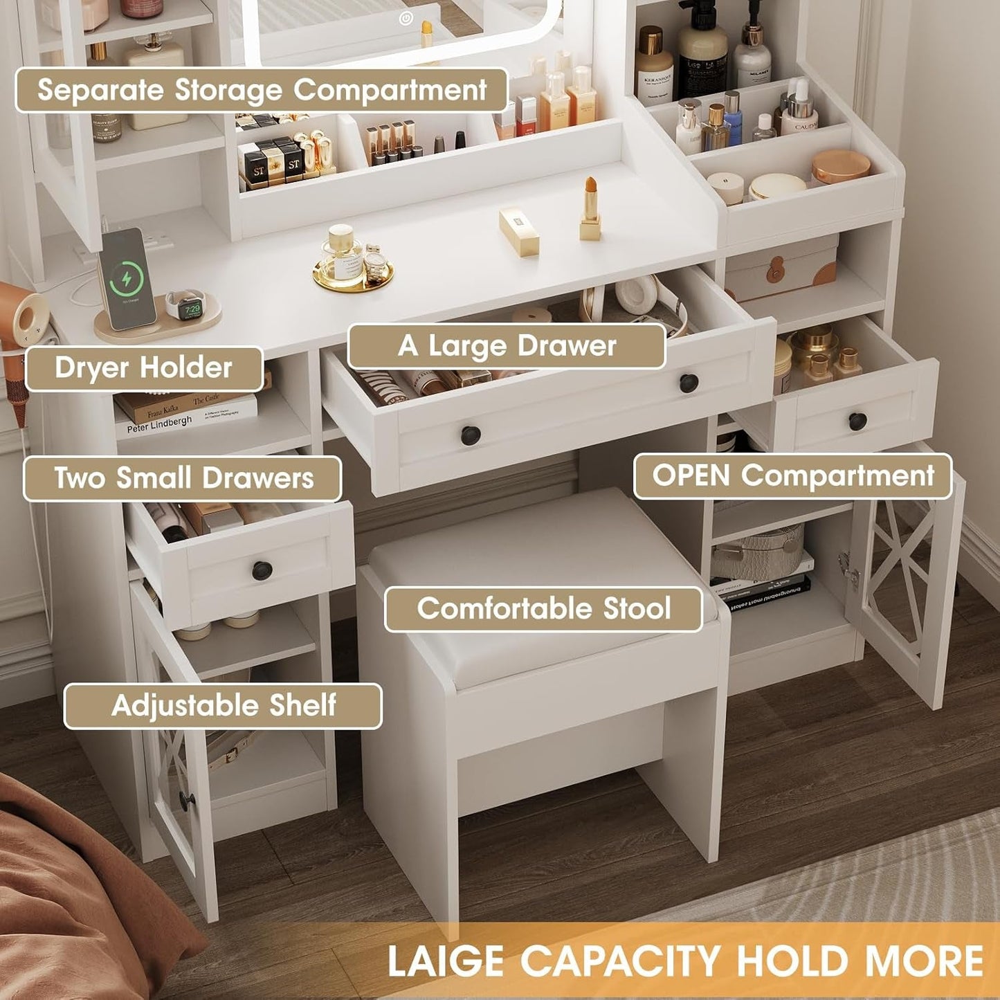 Large Vanity Desk Mirror LED Lighting Storage Drawers